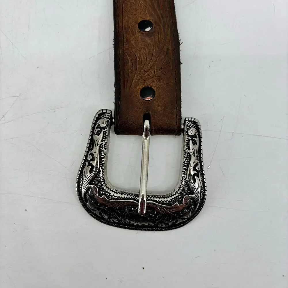 Western Mens Belt Size 34 Distressed Cowboy Brown Leather Silver Buckle